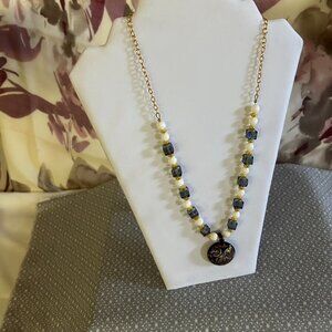 Large square purple crystal glass, white stone beads, gold spacers and chain